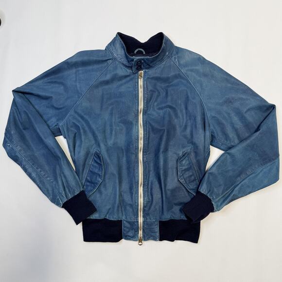 Brogden Track Jacket Mens Large Blue Leather Bomber Raglan Two-Way Zip Rib Knit - Picture 1 of 16